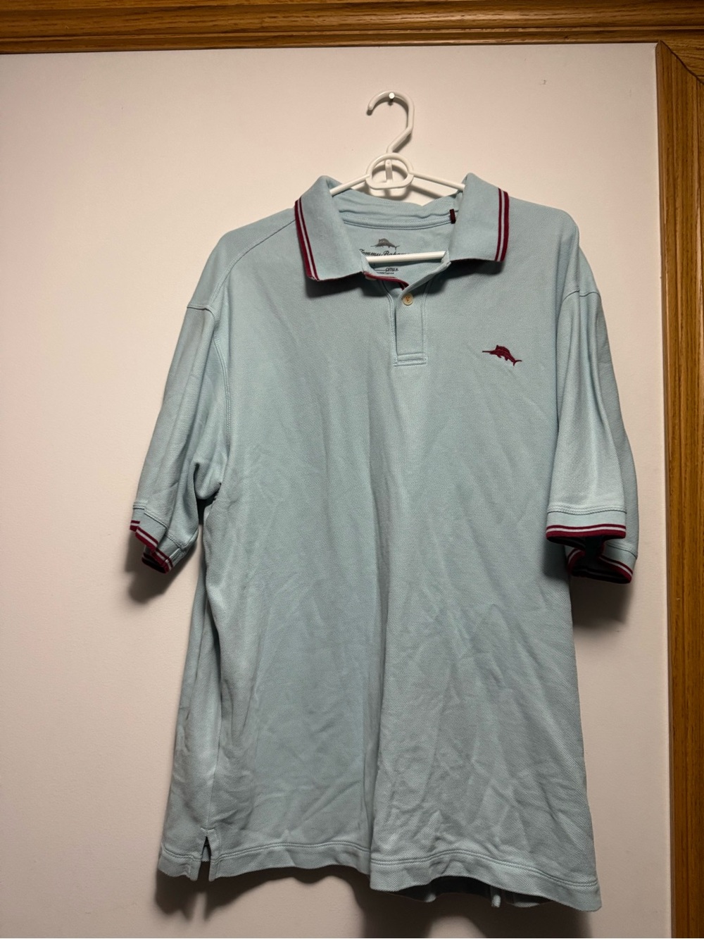 Tommy Bahama Light Blue Polo with Maroon Trim